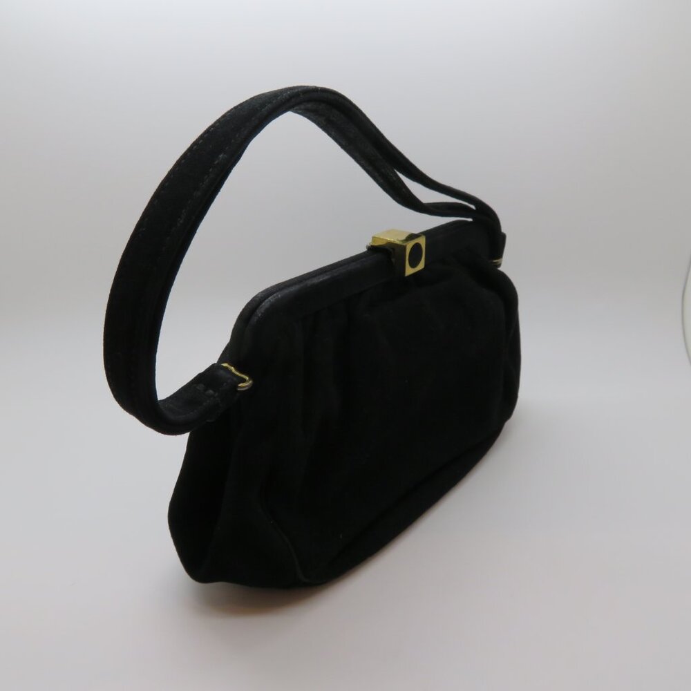 Vintage Black Suede Evening Bag Top Handle Purse Gold Clasp - Picture 3 of 12